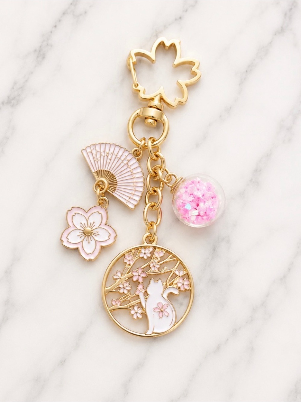 Bag Charm/Keyring-Pink Sakura Floral and Cat Charm-Gold Hardware